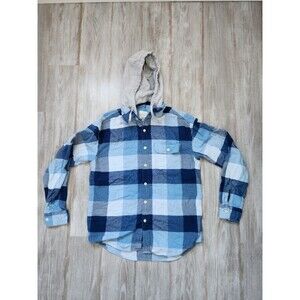 American Eagle Super Soft Flannel Removable Hood Blue Plaid Drawstring Warm Sz L